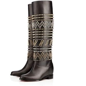 Black Rom Chic Spike Leather Knee Tall Boots
